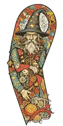 wizard patchwork sleeve minimal background tattoo design idea