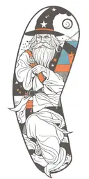 wizard patchwork sleeve minimal background tattoo design idea