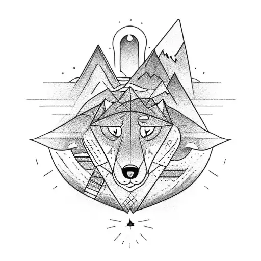 directional arrow including mountain, beach, sunset, music note, night life and wolf tattoo design idea