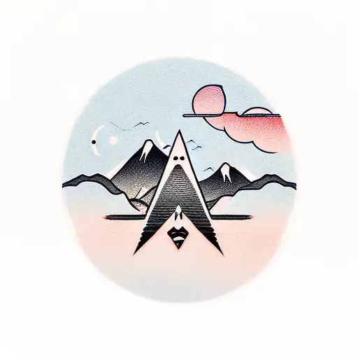 directional arrow including mountain, beach, sunset, music note, night life and wolf tattoo design idea