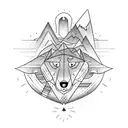 directional arrow including mountain, beach, sunset, music note, night life and wolf tattoo design idea