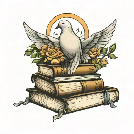 fine line tattoo of a Dove with Halo above its head peacefully sleeping on small stack of books make it minimalistic tattoo design idea