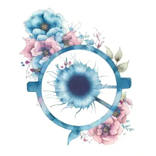 front of eyeglass with pink blue and purple flower tattoo design idea