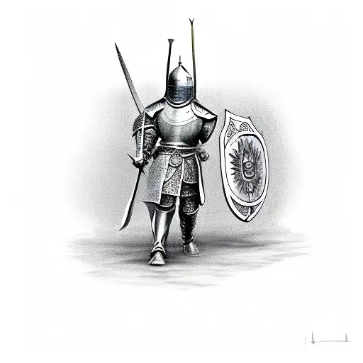 A knight, based on Heath Ledgers 'A Knights Tale', standing in front of his shield tattoo design idea