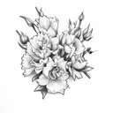 bouquet of flowers with a rose, 2 lilys, 1 daffodil, 2 narcissus, 1 marigold and 1 Chrysanthemum tattoo design idea