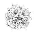 bouquet of flowers with a rose, 2 lilys, 1 daffodil, 2 narcissus, 1 marigold and 1 Chrysanthemum tattoo design idea