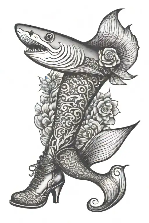 shark head mermaid tail with cowboy boots tattoo design idea