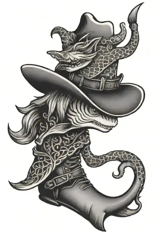 shark head mermaid tail with cowboy boots tattoo design idea