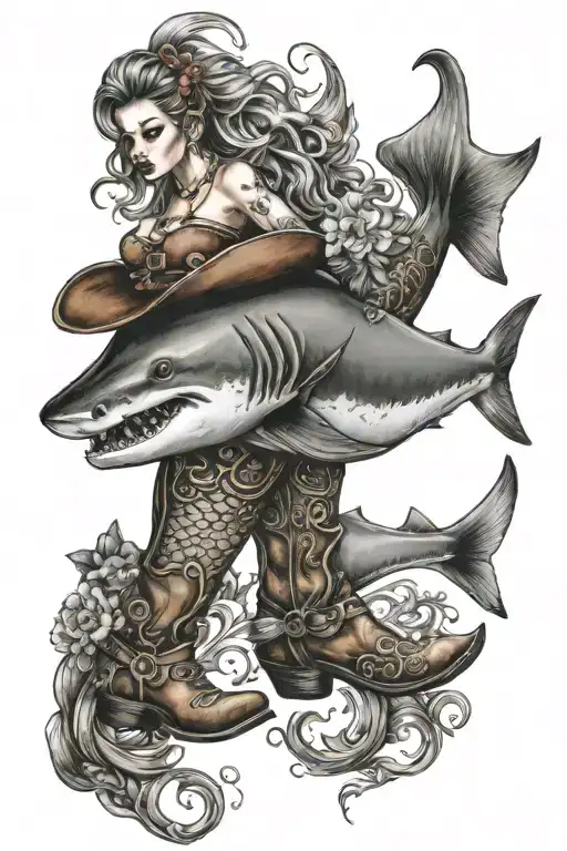 shark head mermaid tail with cowboy boots tattoo design idea