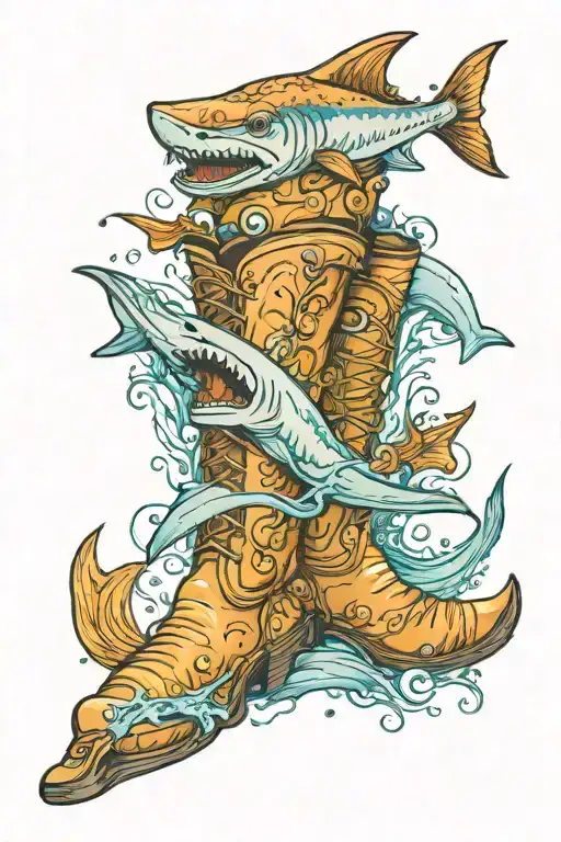 shark head mermaid tail with cowboy boots tattoo design idea