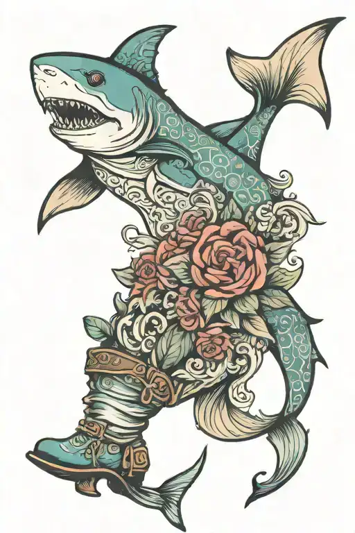 shark head mermaid tail with cowboy boots tattoo design idea