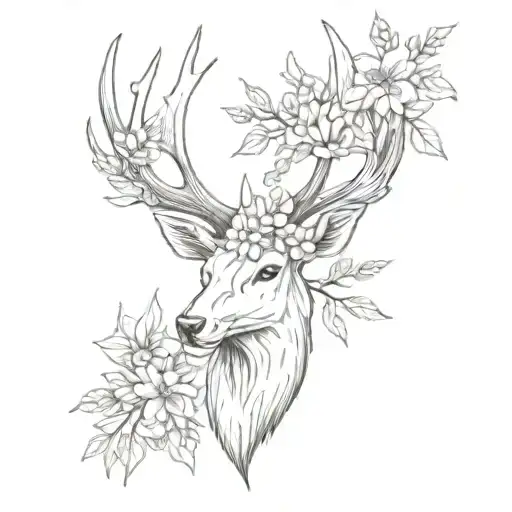 deer antlers with flowers at the base instead of the head and weeping willow branches hanging from the antlers tattoo design idea