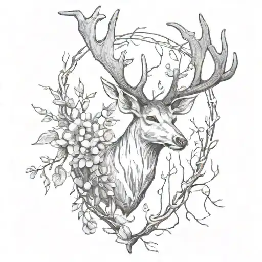 deer antlers without head with flowers at the base and weeping willow branches hanging from the antlers tattoo design idea