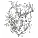 deer antlers without head with flowers at the base and weeping willow branches hanging from the antlers tattoo design idea