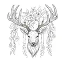 deer antlers without head with flowers at the base and weeping willow branches hanging from the antlers tattoo design idea
