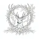 deer antlers without head with flowers at the base and weeping willow branches hanging from the antlers tattoo design idea