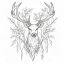 deer antlers without head with flowers at the base and weeping willow branches hanging from the antlers tattoo design idea