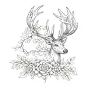 deer antlers with flowers at the base and weeping willow branches hannging from the antlers tattoo design idea