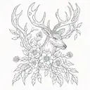 deer antlers with flowers at the base and weeping willow branches hannging from the antlers tattoo design idea