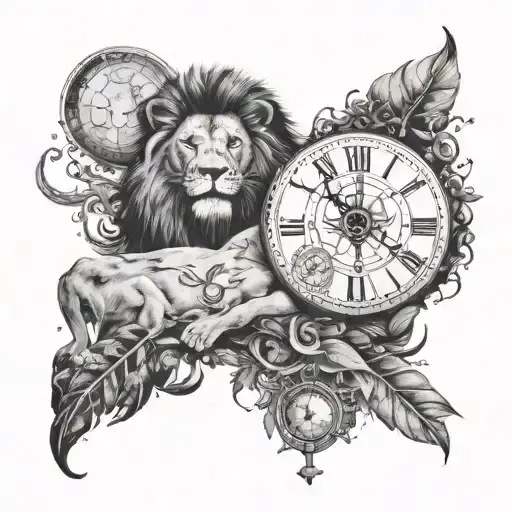 A lion in a jungle on one side and on the other side represented with constellations and a clock tattoo design idea