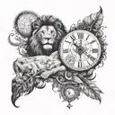 A lion in a jungle on one side and on the other side represented with constellations and a clock tattoo design idea