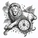 A lion in a jungle on one side and on the other side represented with constellations and a clock tattoo design idea
