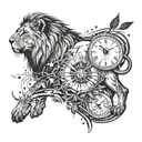 A lion in a jungle on one side and on the other side represented with constellations and a clock tattoo design idea