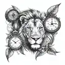A lion in a jungle on one side and on the other side represented with constellations and a clock tattoo design idea