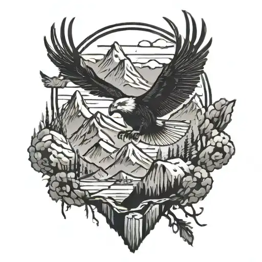 deer, eagle flying, mountains, wilderness,  tattoo design idea
