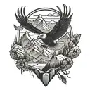deer, eagle flying, mountains, wilderness,  tattoo design idea
