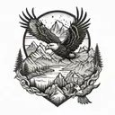 deer, eagle flying, mountains, wilderness,  tattoo design idea