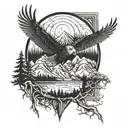 deer, eagle flying, mountains, wilderness,  tattoo design idea
