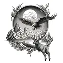 deer, eagle flying, mountains, wilderness,  tattoo design idea