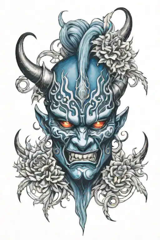 Oni mask blue and black with gemini zodiac sign in the eye tattoo design idea