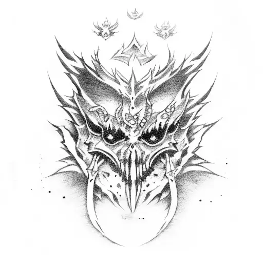 A mystical tattoo depicting a dark souls boss battle scene, with dotwork style tattoo design idea