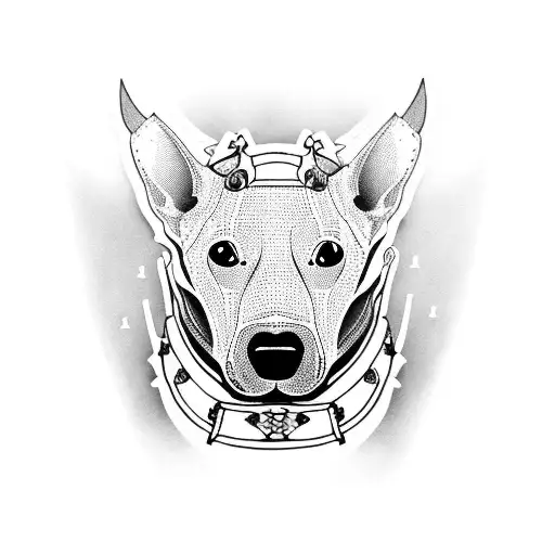 A detailed tattoo of a bull terrier wearing samurai armor, inspired by Japanese culture tattoo design idea