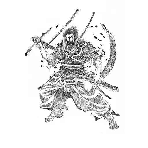A captivating tattoo inspired by Rengoku, featuring a fiery samurai battling demons, with dotwork style tattoo design idea