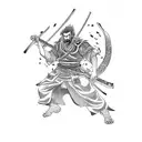 A captivating tattoo inspired by Rengoku, featuring a fiery samurai battling demons, with dotwork style tattoo design idea