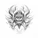 A captivating tattoo inspired by Rengoku, featuring a fiery samurai battling demons, with dotwork style tattoo design idea