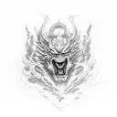 A captivating tattoo inspired by Rengoku, featuring a fiery samurai battling demons, with dotwork style tattoo design idea