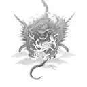 A captivating tattoo inspired by Rengoku, featuring a fiery samurai battling demons, with dotwork style tattoo design idea