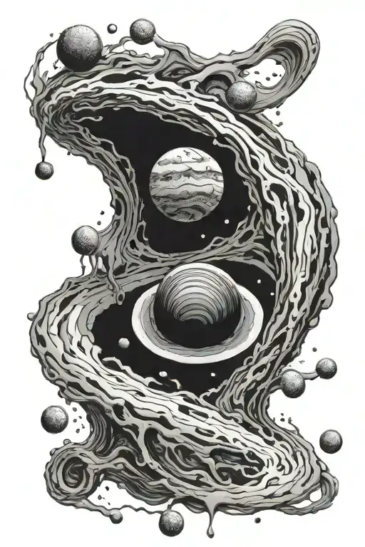 A close-up view of a supermassive black hole where planets and stars are being pulled and dissolved in it. tattoo design idea