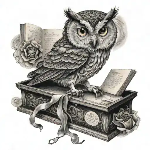 Owl Perched On a coffin Reading a book of Edgar Allen Poe Poems tattoo design idea