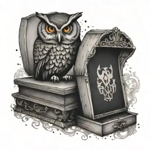 Owl Perched On a coffin Reading a book of Edgar Allen Poe Poems tattoo design idea