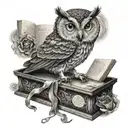 Owl Perched On a coffin Reading a book of Edgar Allen Poe Poems tattoo design idea