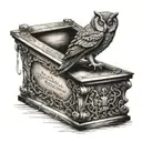 Owl Perched On a coffin Reading a book of Edgar Allen Poe Poems tattoo design idea
