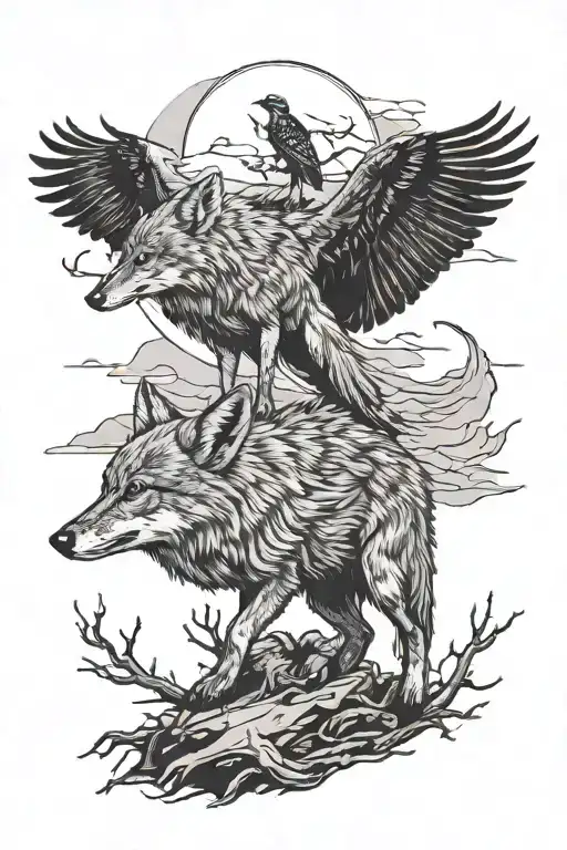 coyote and crow perched tattoo design idea