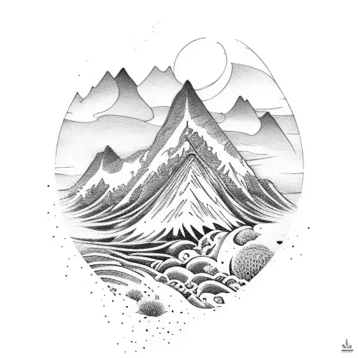 cascading tattoo of leeboard, mountains, ocean, and thistle tattoo design idea