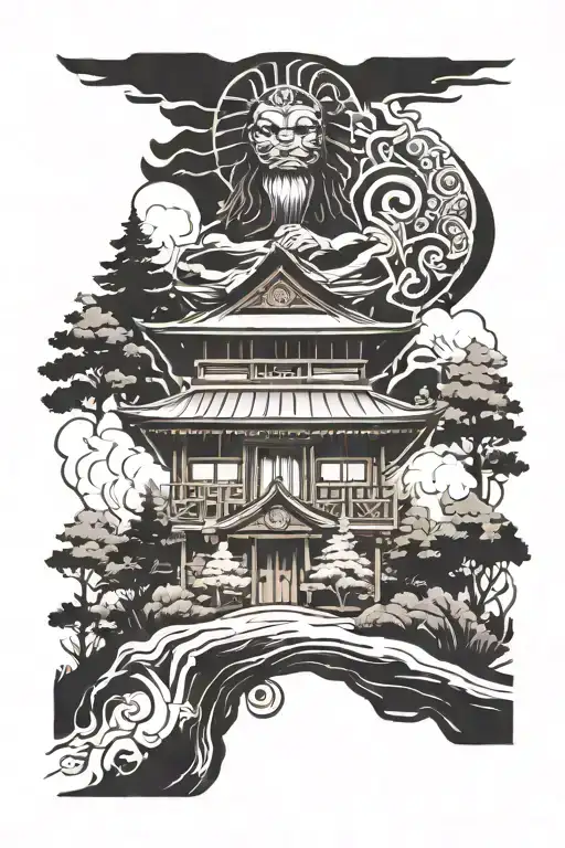 A sketch of a tattoo on the sleeve in a minimalist style. Forest, sphinx, fire tattoo design idea