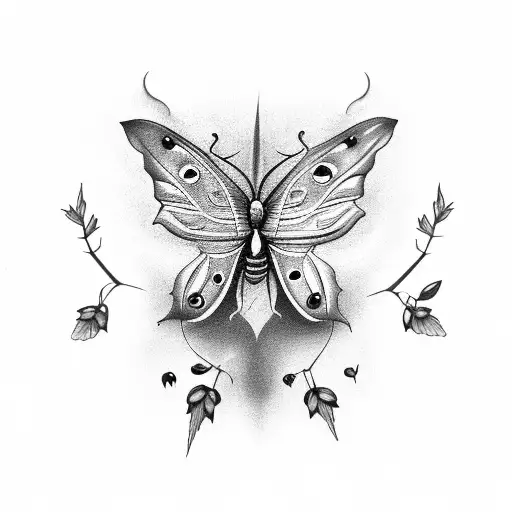 Luna moth, vine with thorns, fireflies, butterfly and flowers tattoo design idea